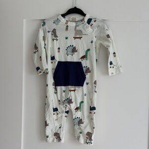 Viverano Organic Dinosaur Print Baby Romper with Navy Pocket